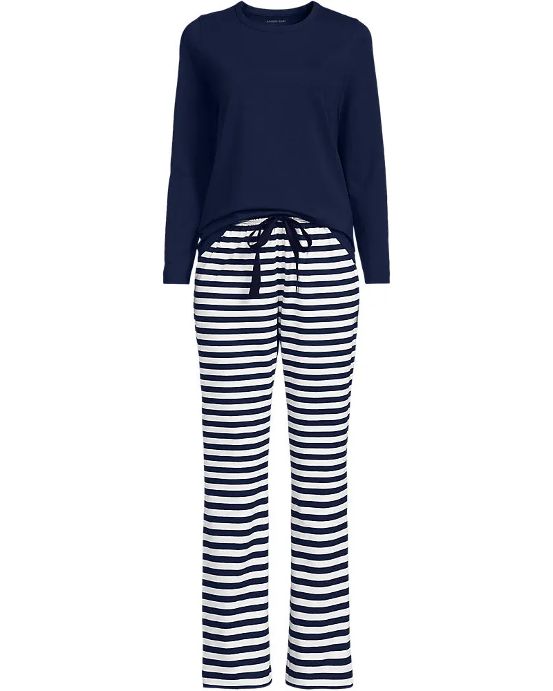 Lands' End Gemustertes Pyjama-Set aus Baumwoll-Jersey, Damen, Größe plus, Blau, Elasthan/Baumwoll-Mischung, by Blau