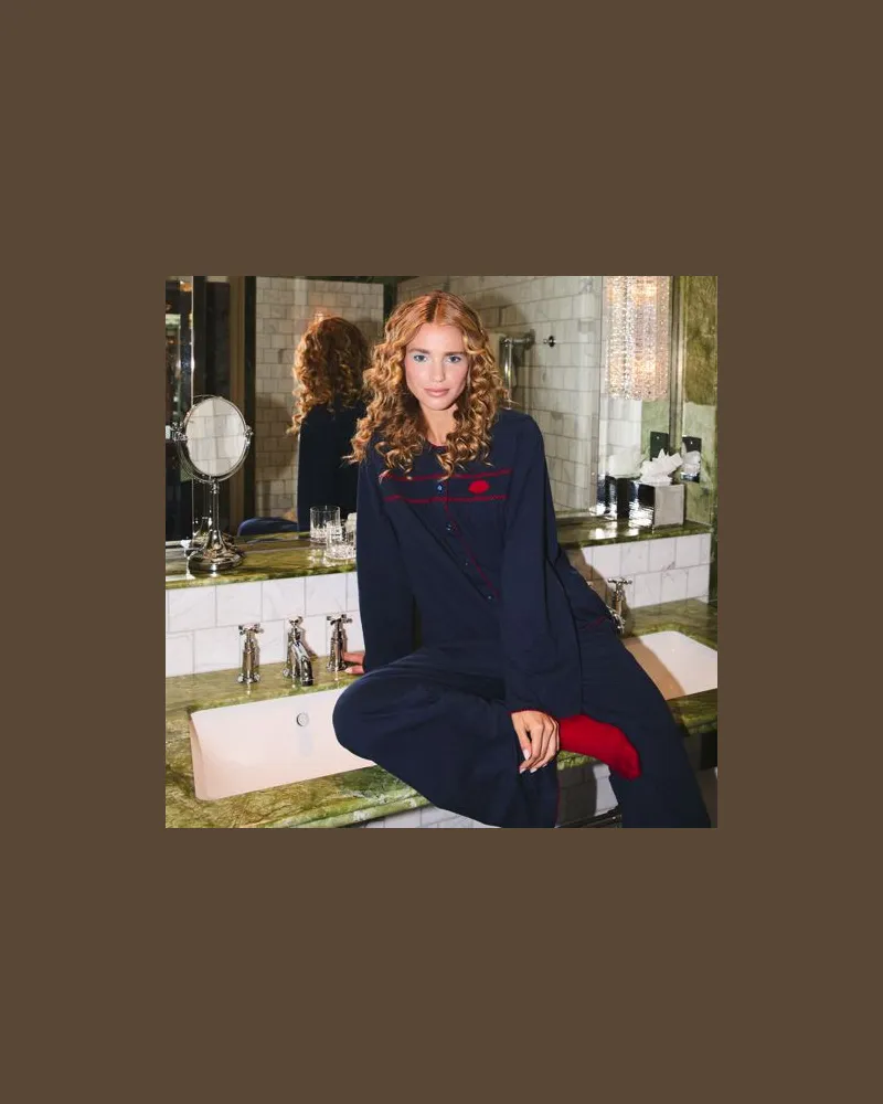 Lands' End x Lulu Guinness Pyjama-Set mit Smok-Details, Damen, Größe:40-42 regular, Blau, Baumwolle, by Lands' End Blau