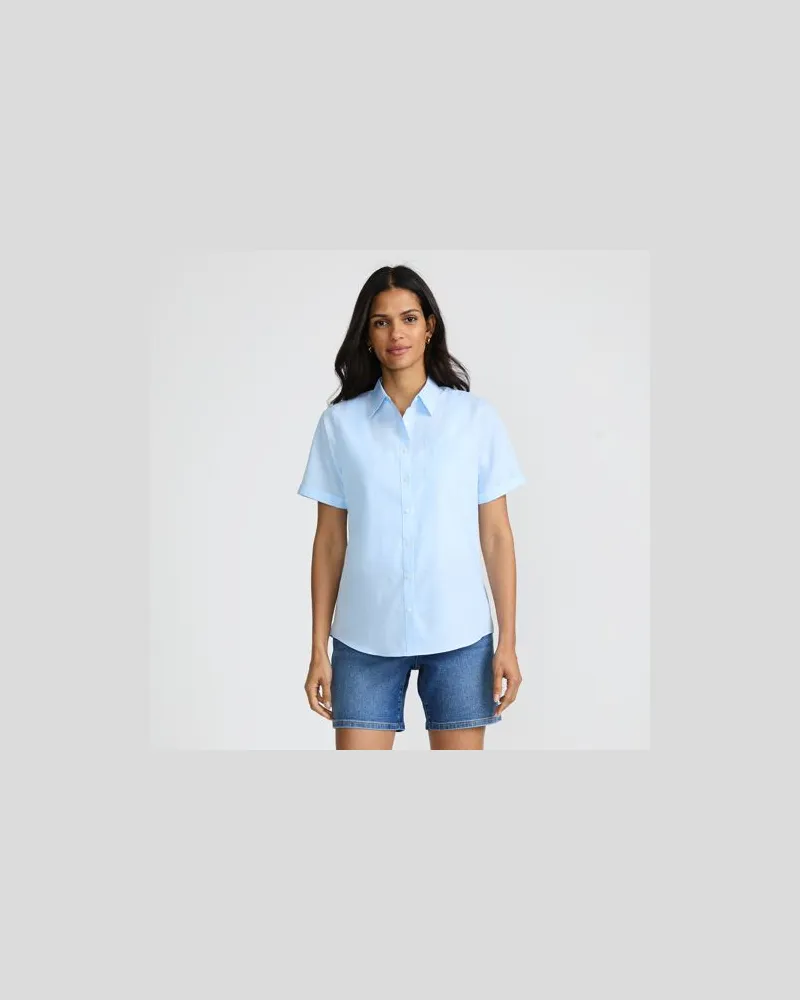 Lands' End Supima Bügelfrei-Bluse mit kurzen Ärmeln, Damen, Größe regular, Blau, Baumwolle, by Blau