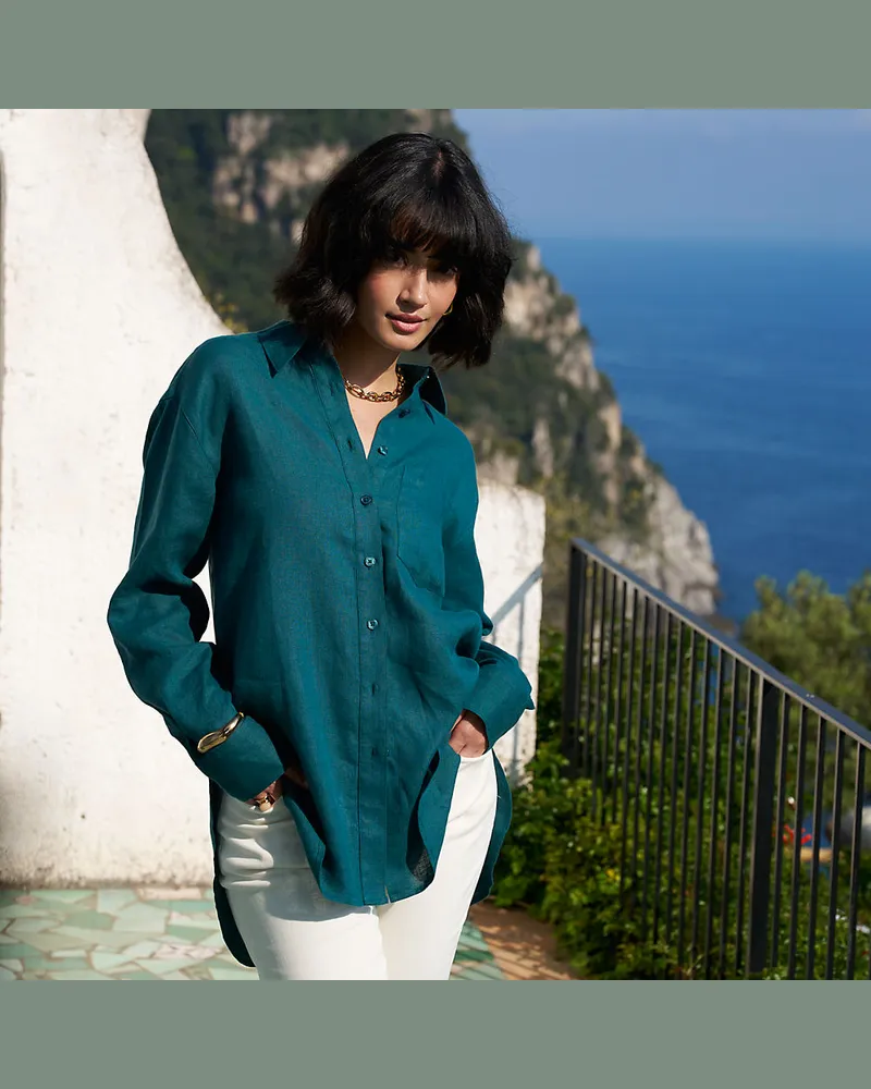 Lands' End Langes Oversized Premium Reinleinen-Hemd, Damen, Größe petite, Blau, Leinen, by Blau