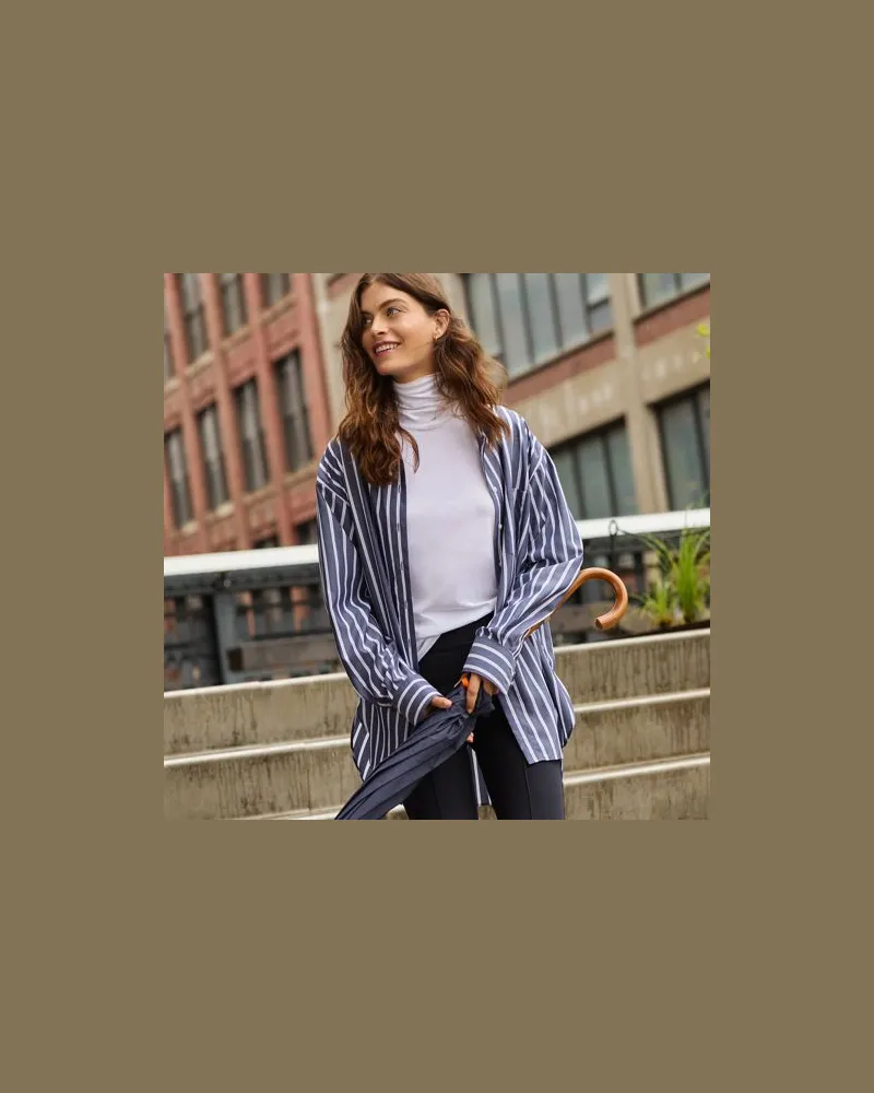 Lands' End Bügelfreie, lange Baumwoll-Hemdbluse, Damen, Größe:44-46 petite, Blau, Baumwolle, by Blau