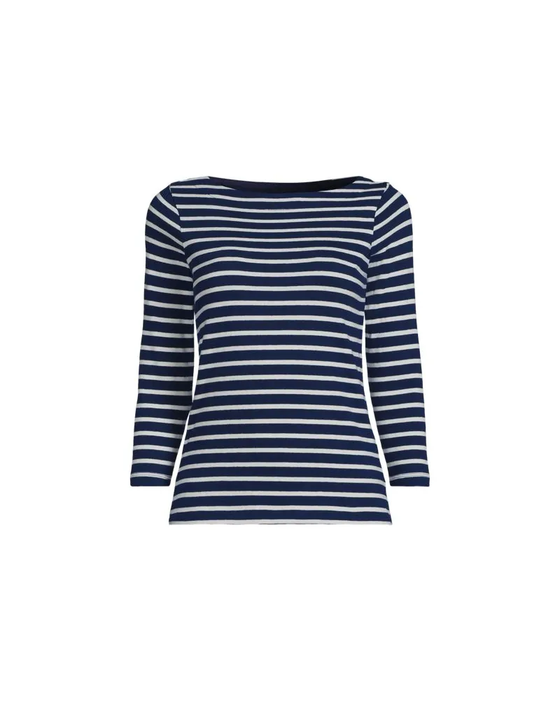 Lands' End Gestreiftes Baumwollshirt mit 3/4-Ärmeln, Damen, Größe:44-46 petite, Blau, Baumwolle, by Blau