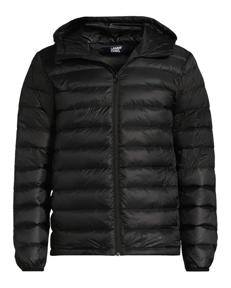 Lands' End Ultraleichte verstaubare Daunen-Kapuzenjacke WANDERWEIGHT, Herren, Größe regular, Schwarz, Polyester/Nylon, by Schwarz