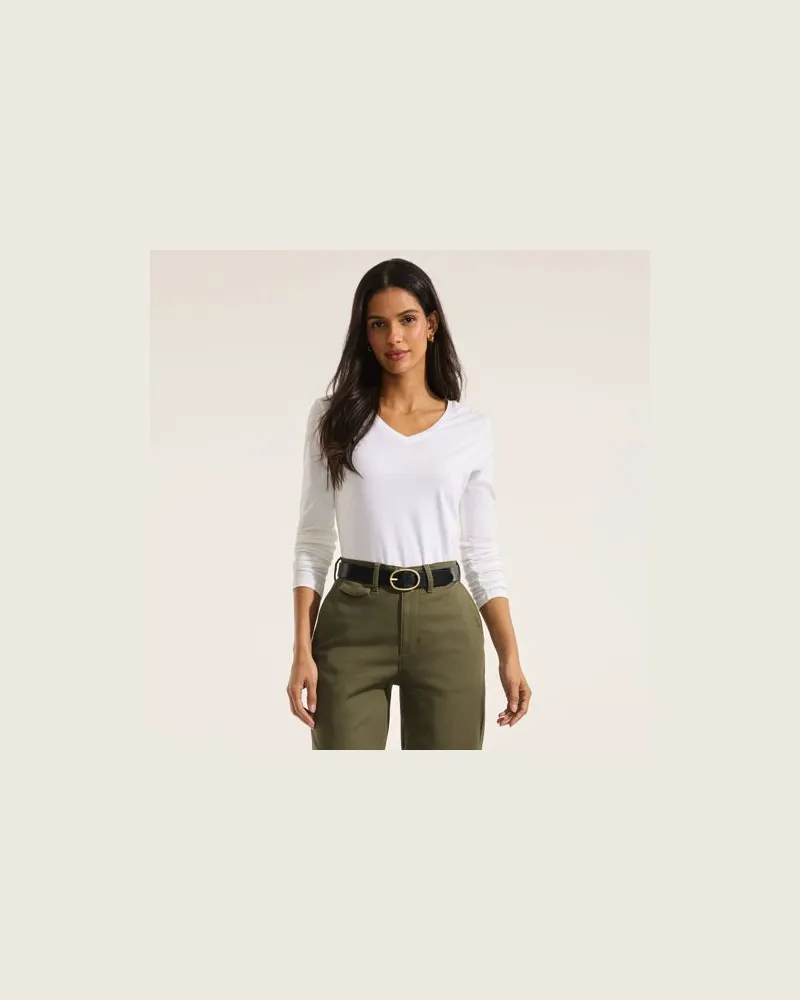 Lands' End Supima® Langarm-Shirt mit V-Ausschnitt, Damen, Größe petite, Weiß, Baumwolle, by Weiß