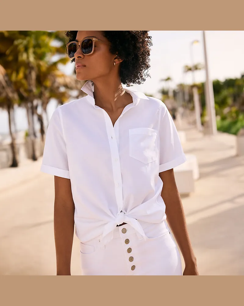 Lands' End Supima Bügelfrei-Bluse mit kurzen Ärmeln, Damen, Größe petite, Weiß, Baumwolle, by Weiß