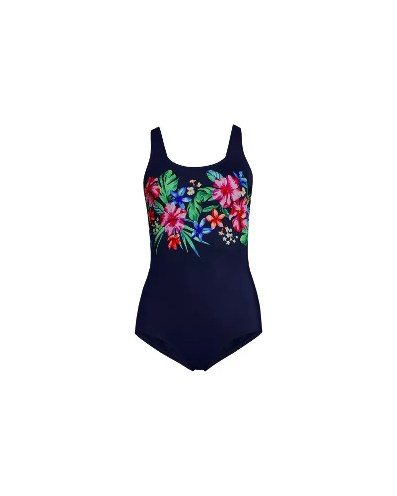 Lands' End Gemusterter Komfort-Badeanzug CHLORRESISTENT mit Soft Cups, Damen, Größe:34 regular, Blau, Nylon-Mischung, by Blau