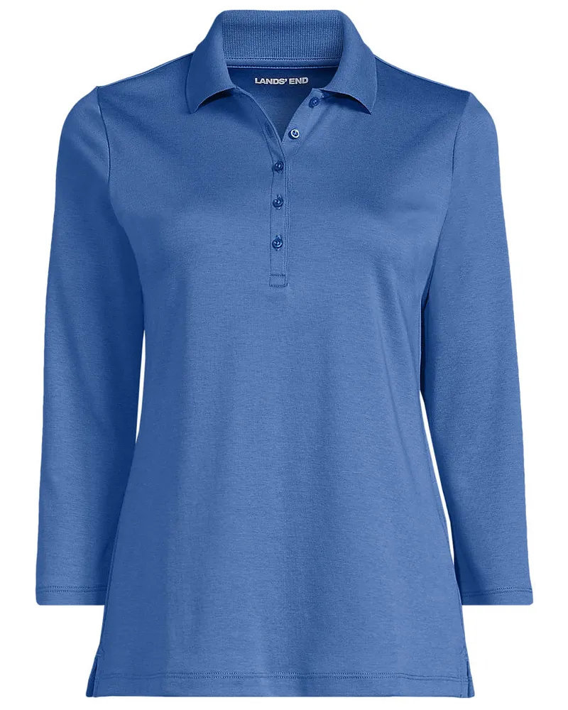 Lands' End Supima-Poloshirt mit 3/4-Ärmeln, Damen, Größe regular, Blau, Baumwolle, by Blau