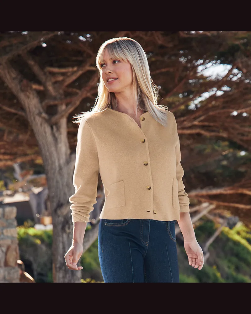 Lands' End Kragenloser Feinstrick-Blazer, Damen, Größe regular, Braun, Baumwolle, by Braun