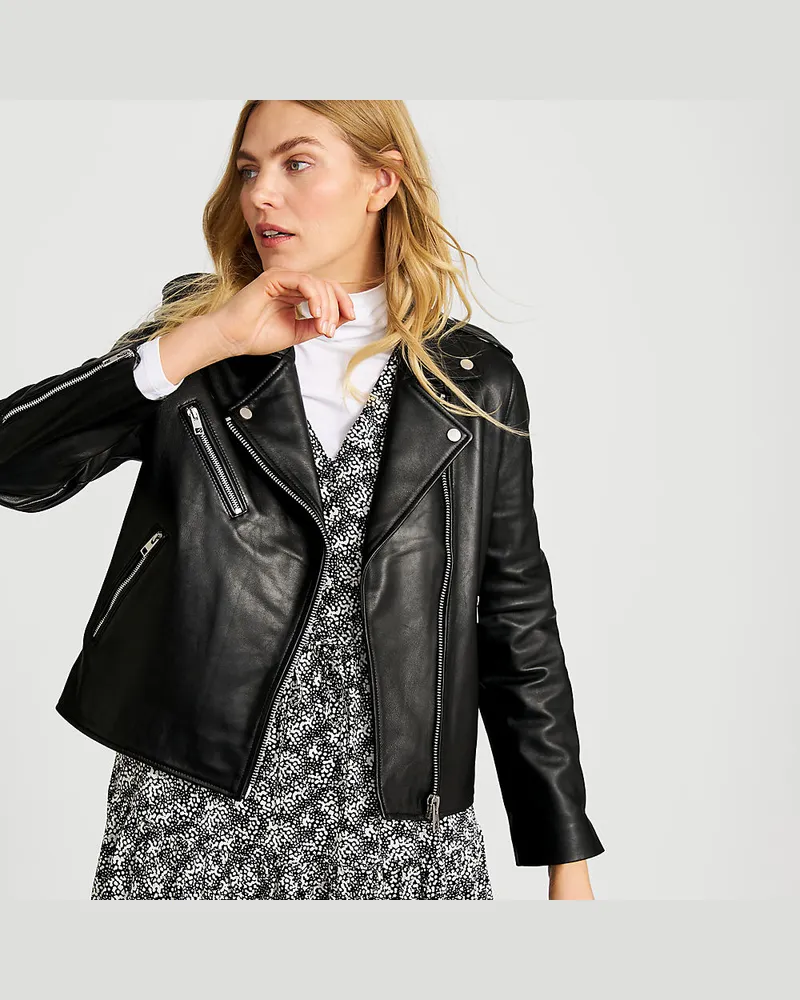 Lands' End Leder-Bikerjacke, Damen, Größe regular, Schwarz, Leder, by Schwarz