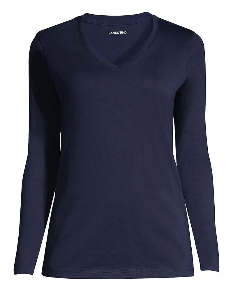 Lands' End Supima® Langarm-Shirt mit V-Ausschnitt, Damen, Größe regular, Blau, Baumwolle, by Blau