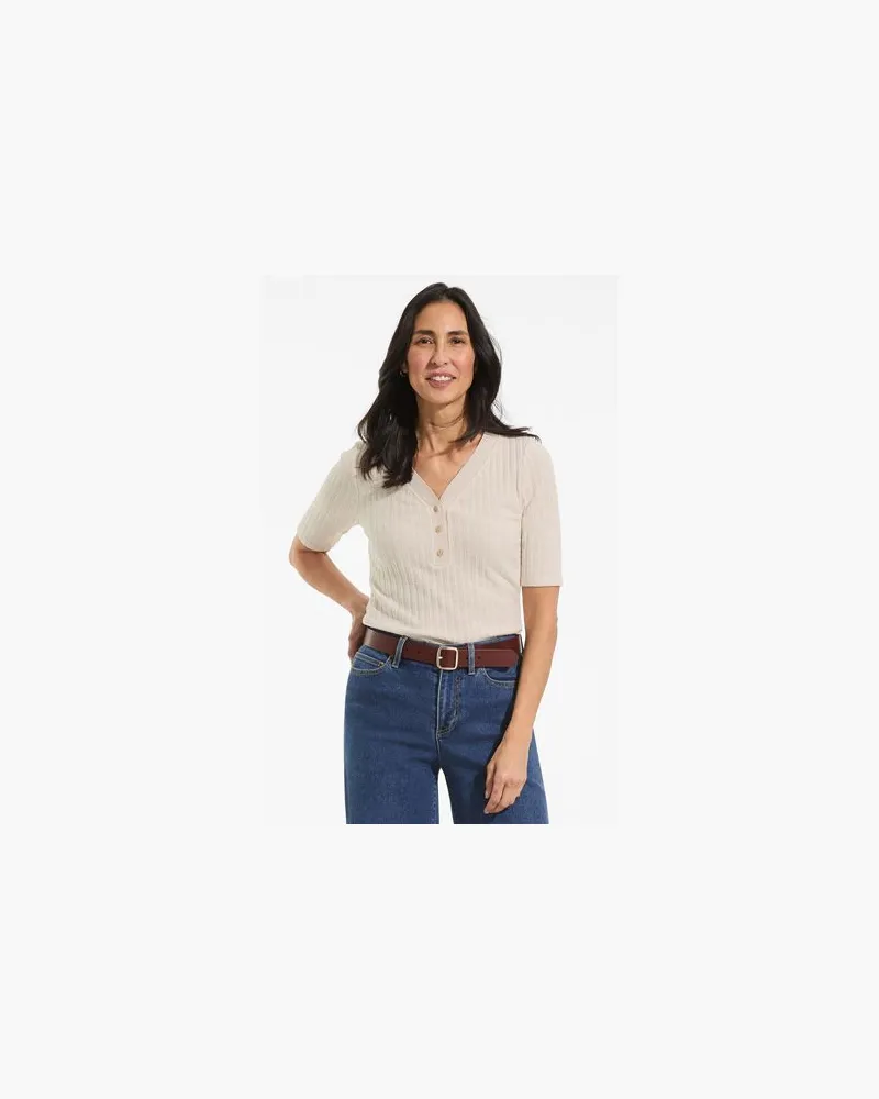 Lands' End Rippstrick-Henleyshirt mit halblangen Ärmeln, Damen, Größe regular, Beige, Elasthan/Baumwoll-Mischung/Polyester-Mischung, by Beige