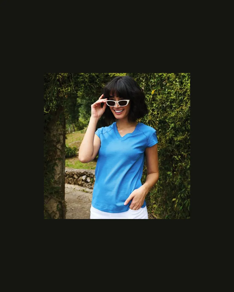 Lands' End Supima-Shirt mit V-Ausschnitt und Kappärmeln, Damen, Größe regular, Blau, Baumwolle, by Blau