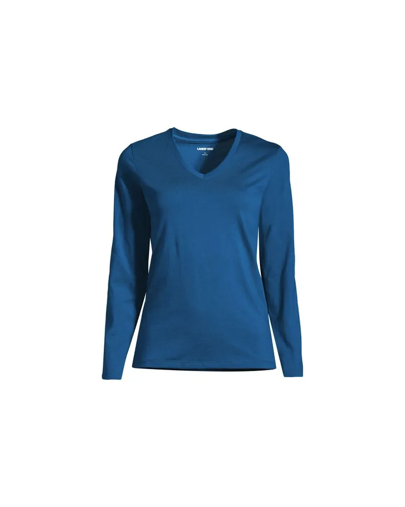 Lands' End Supima® Langarm-Shirt mit V-Ausschnitt, Damen, Größe plus, Blau, Baumwolle, by Blau