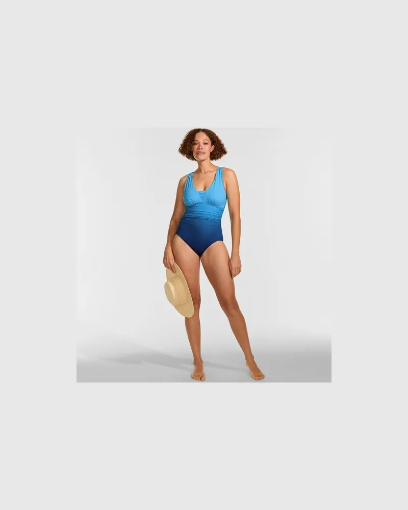 Lands' End Shape-Badeanzug mit V-Ausschnitt SLENDER in E-Cup, Damen, Größe regular, Blau, Nylon-Mischung, by Blau