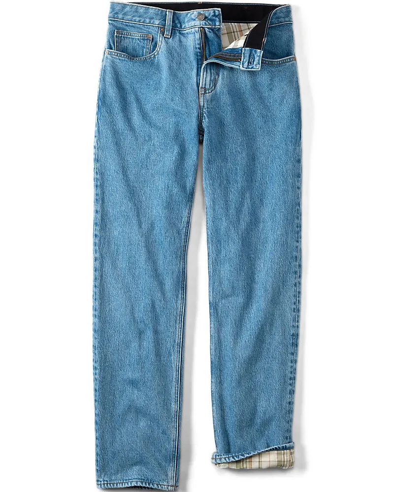Lands' End Stretch-Denim Jeans mit Komfortbund und Flanellfutter, Classic Fit, Herren, Größe regular, Blau, Baumwoll-Mischung, by Blau