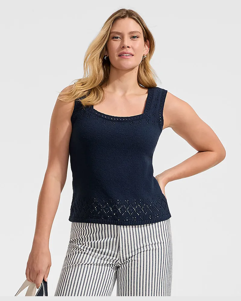 Lands' End Feinstrick-Top mit Ajourdetails, Damen, Größe regular, Blau, Baumwoll-Mischung/Polyester-Mischung, by Blau