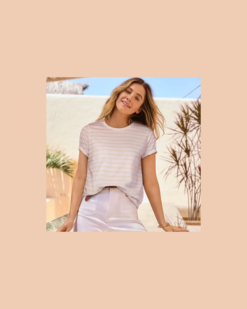 Lands' End Supima Kurzarm-Shirt mit rundem Ausschnitt, Damen, Größe:44-46 regular, Beige, Baumwolle, by Beige