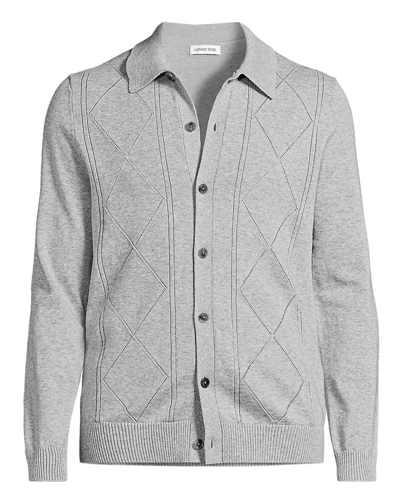 Lands' End Feinstrick-Cardigan aus reiner Baumwolle mit Argyle-Muster, Herren, Größe regular, Grau, Baumwolle, by Grau