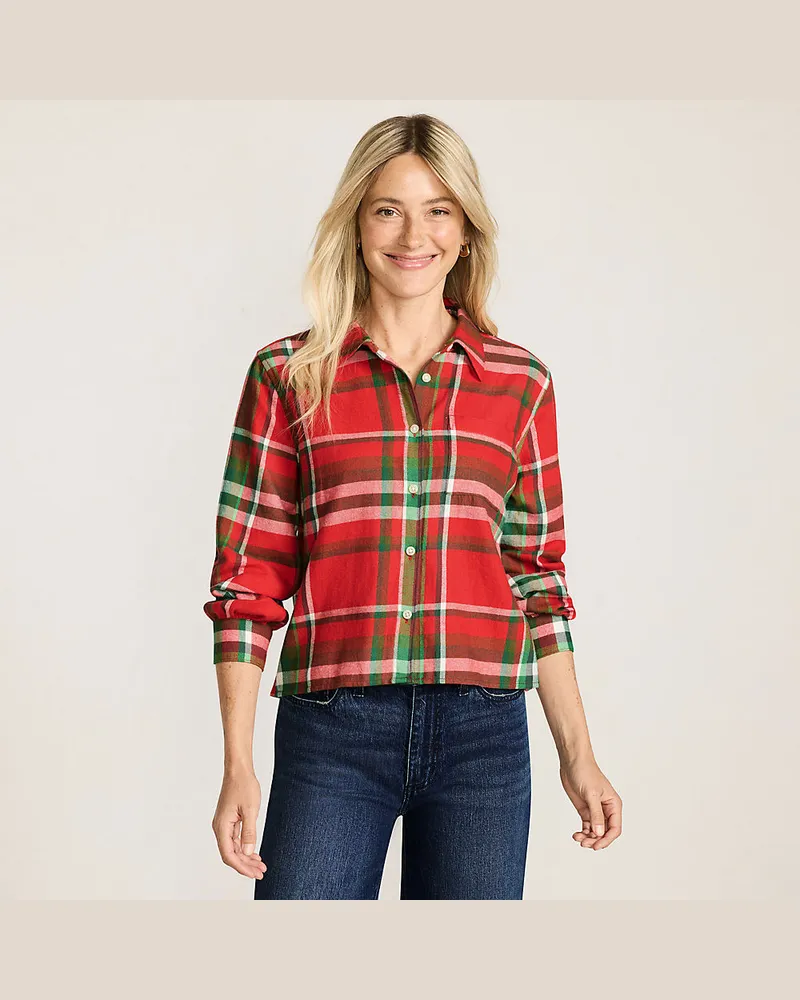 Lands' End Verkürzte Flanellbluse, Damen, Größe regular, Rot, Baumwolle, by Rot