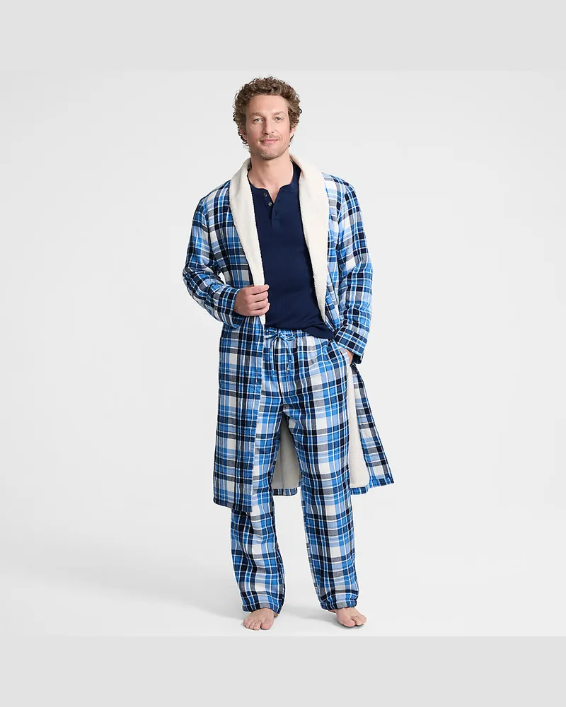 Lands' End Flanell-Bademantel mit Teddyfutter, Herren, Größe regular, Blau, Baumwolle, by Blau