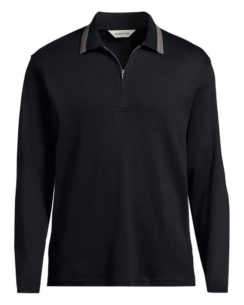 Lands' End Langarm-Poloshirt mit Kontrastkragen, Herren, Größe regular, Schwarz, Baumwolle, by Schwarz