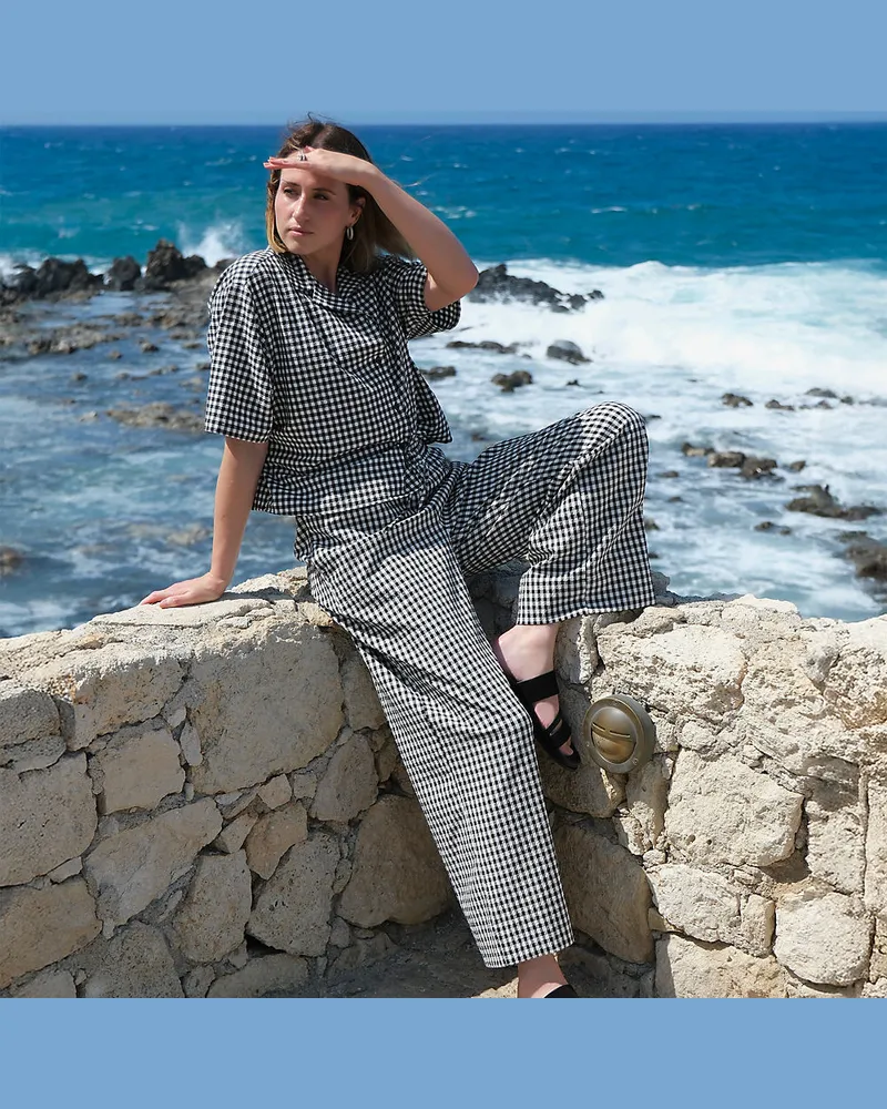 Lands' End Gingham-Hose mit weitem Bein, Damen, Größe regular, Schwarz, Baumwolle/Polyester/Polyester-Mischung, by Schwarz