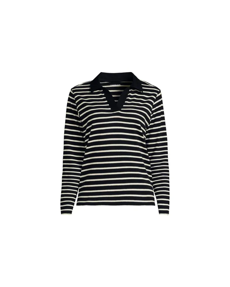 Lands' End Langärmeliges Poloshirt mit Webkragen, Damen, Größe plus, Schwarz, by Schwarz