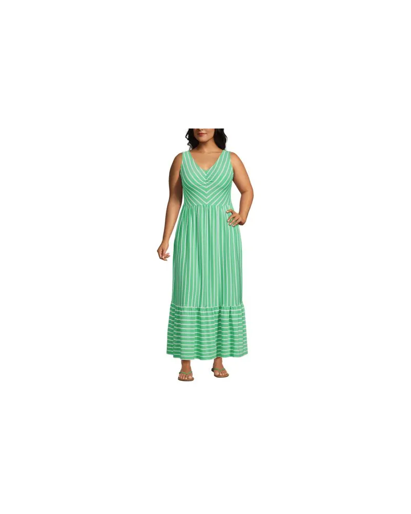 Lands' End Maxikleid aus Baumwolle/Modal-Mix mit V-Ausschnitt, Damen, Größe plus, Grün, Elasthan/Baumwoll-Mischung/Baumwolle Modal, by Grün