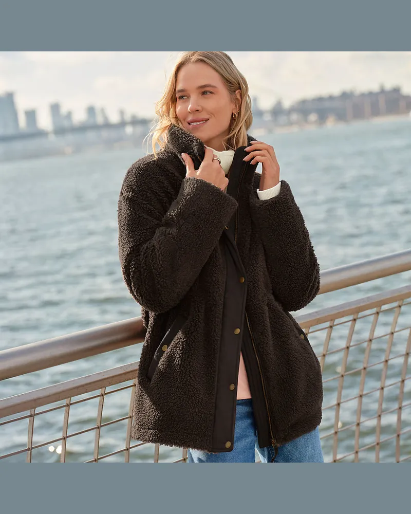 Lands' End Gefütterte Teddyjacke, Damen, Größe petite, Braun, Polyester, by Braun