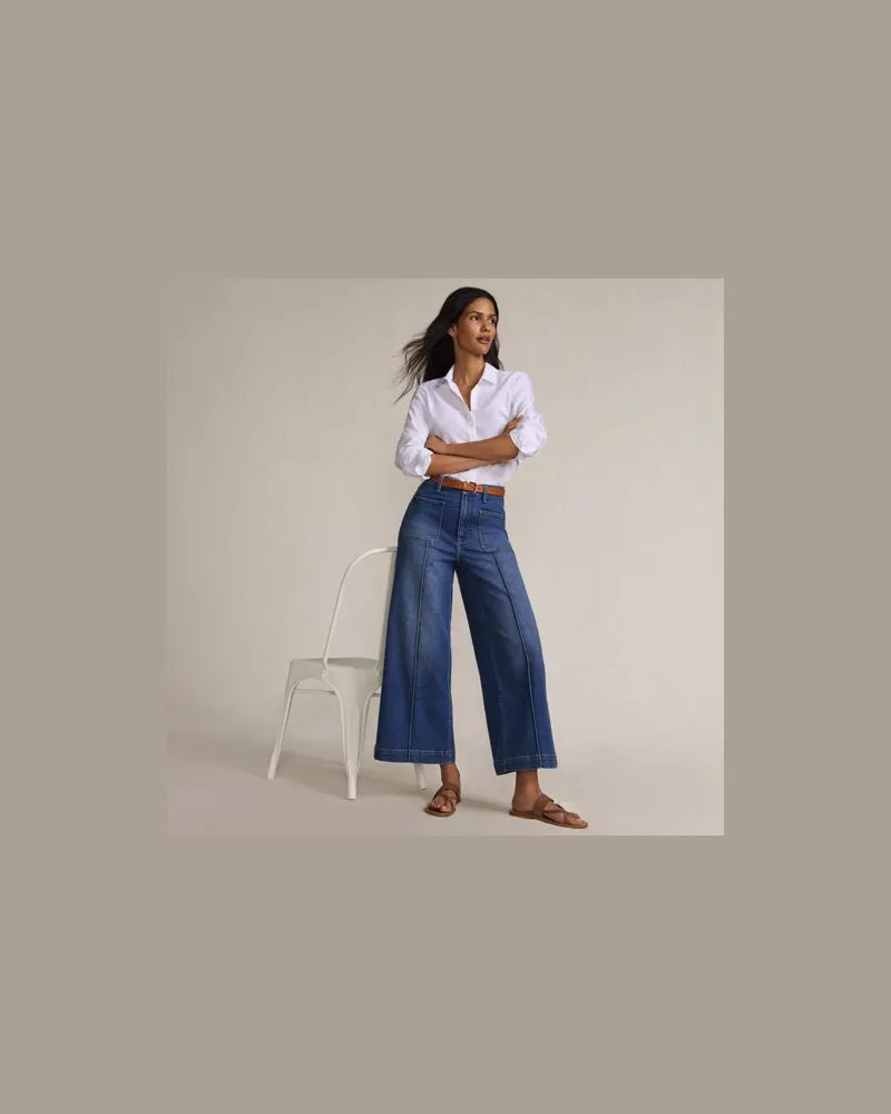 Lands' End Recover Culotte-Jeans High Waist mit aufgesetzten Taschen, Damen, Größe regular, Blau, Elasthan/Baumwoll-Mischung/Polyester-Mischung, by Blau