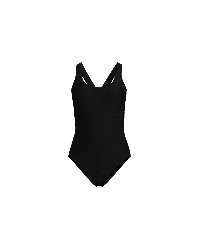 Lands' End Strukturierter Komfort-Badeanzug mit gekreuzten Trägern, hoher Beinausschnitt, Damen, Größe plus, Schwarz, Nylon-Mischung, by Schwarz