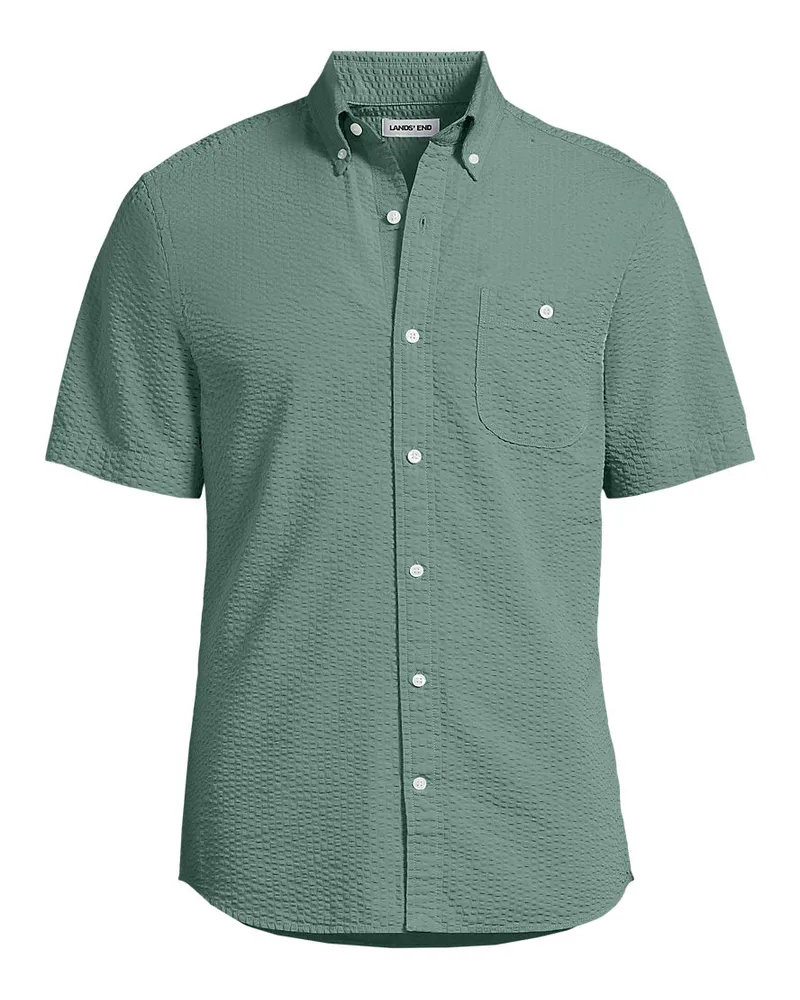 Lands' End Seersucker-Kurzarmhemd, Classic Fit, Herren, Größe regular, Grün, Baumwolle, by Grün