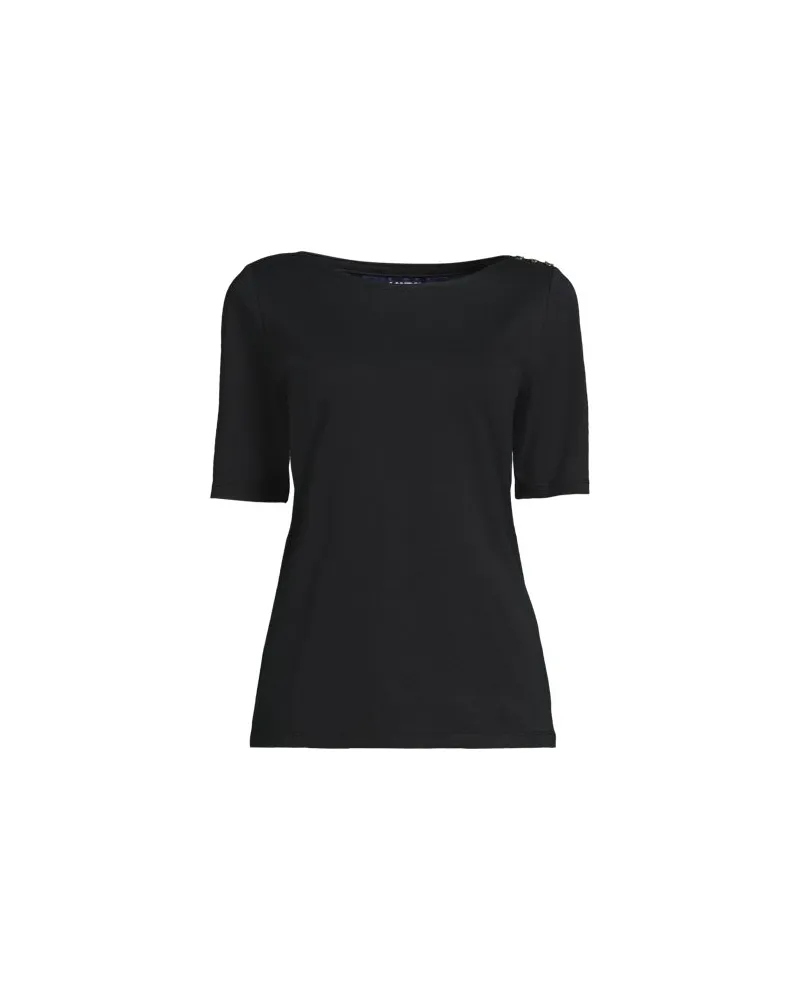 Lands' End Supima® T-Shirt mit U-Boot-Ausschnitt und geknöpfter Schulter, Damen, Größe petite, Schwarz, Baumwolle, by Schwarz