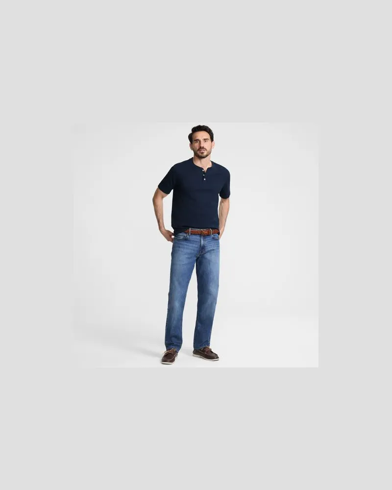 Lands' End Kurzarm-Super-T Henleyshirt, Herren, Größe regular, Blau, Baumwolle, by Blau