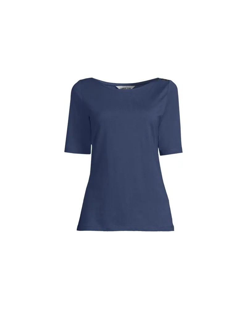 Lands' End Supima® T-Shirt mit U-Boot-Ausschnitt und geknöpfter Schulter, Damen, Größe petite, Blau, Baumwolle, by Blau