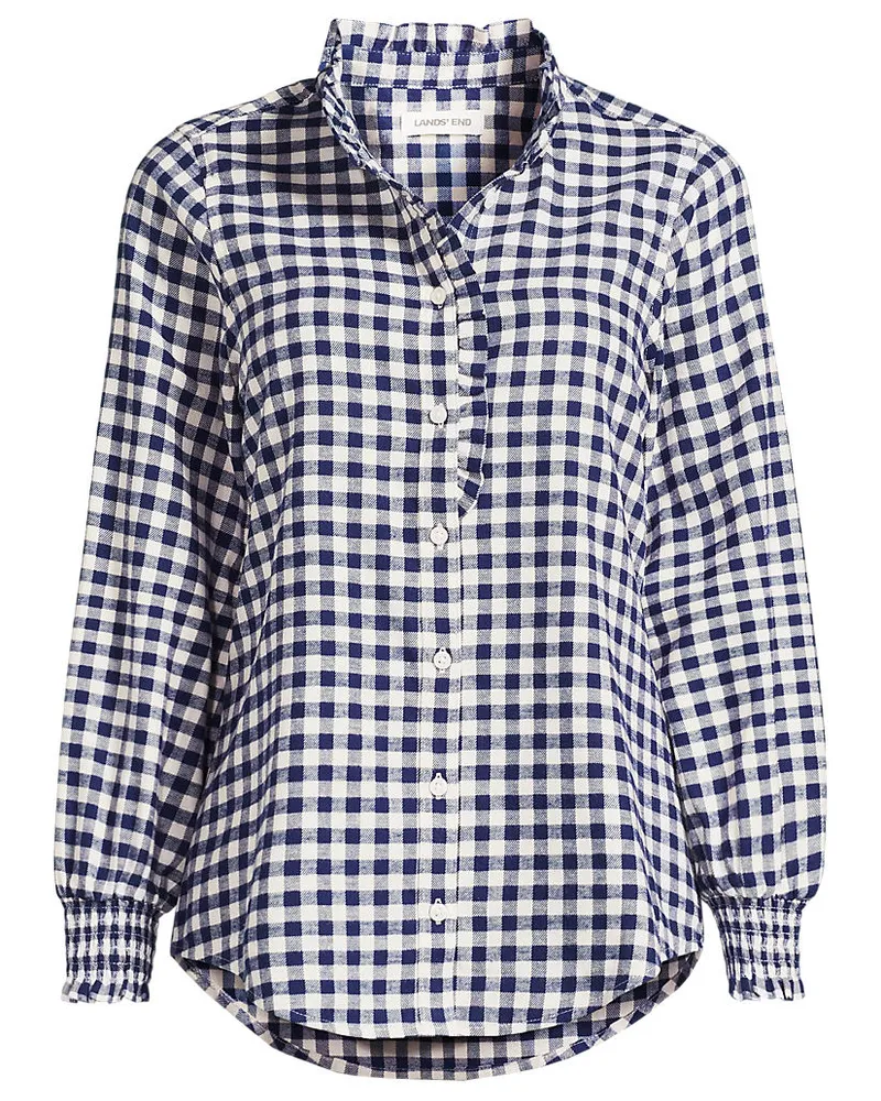 Lands' End Flanellbluse mit Rüschenkragen, Damen, Größe plus, Blau, Baumwolle, by Blau