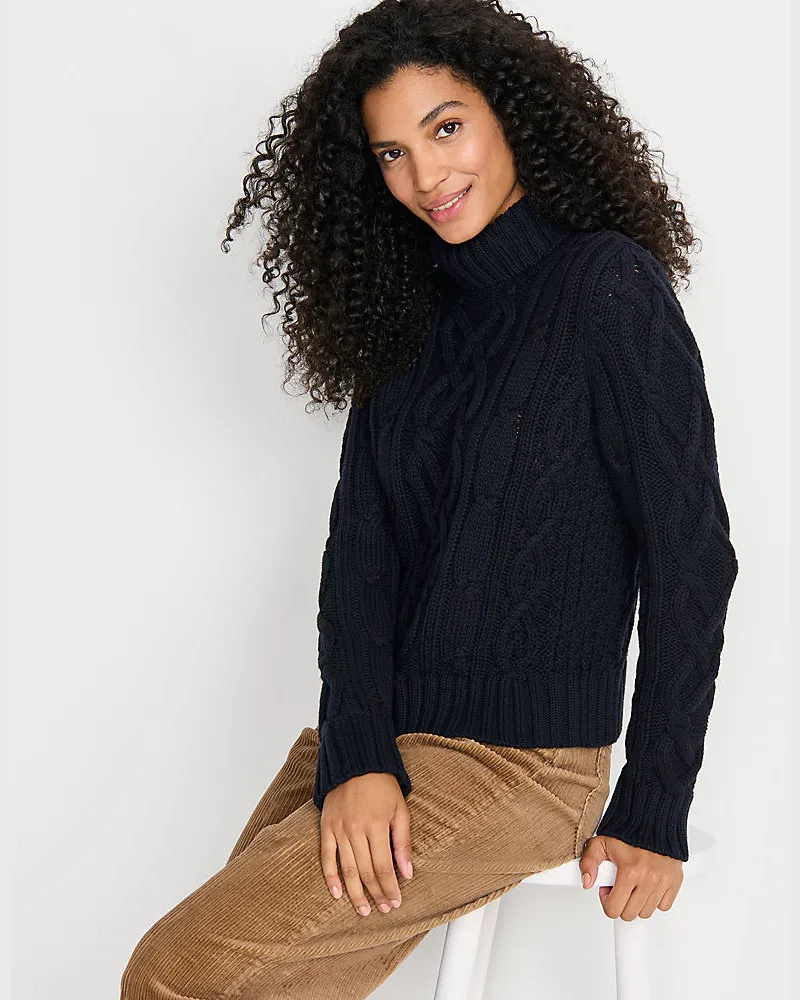 Lands' End Zopfmuster-Rollkragenpullover DRIFTER, Damen, Größe regular, Schwarz, Baumwolle, by Schwarz