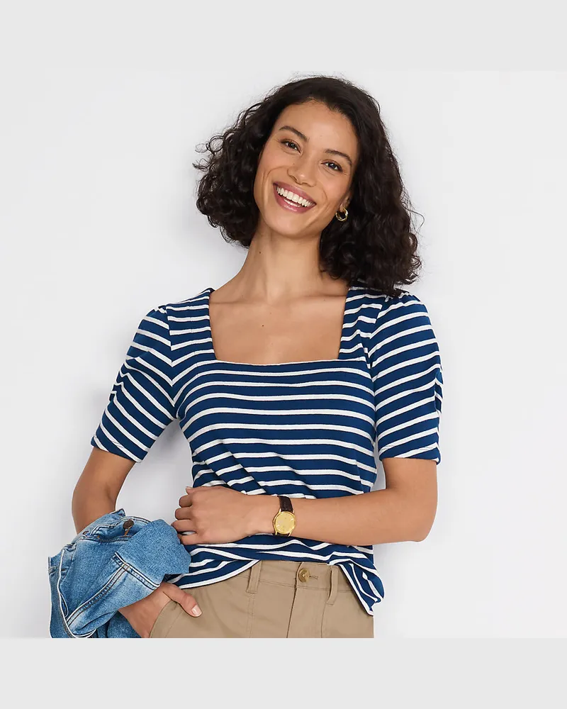 Lands' End Gestreiftes Baumwollshirt mit eckigem Ausschnitt und Puffärmeln, Damen, Größe regular, Blau, Baumwolle, by Blau