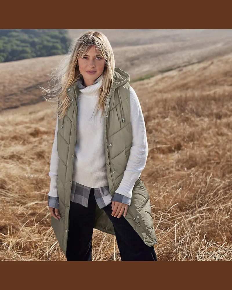 Lands' End Lange Steppweste, Damen, Größe regular, Grün, by Grün