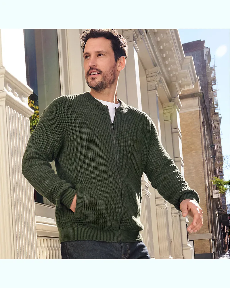 Lands' End Gestrickter Bomber-Cardigan DRIFTER, Herren, Größe regular, Blau, Baumwolle, by Blau