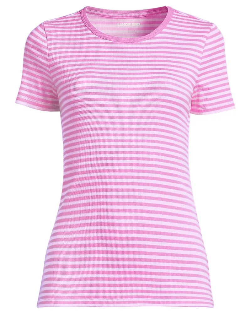 Lands' End Feinripp-Shirt mit Rundhalsausschnitt und kurzen Ärmeln, Damen, Größe plus, Pink, Baumwolle/Elasthan, by Pink