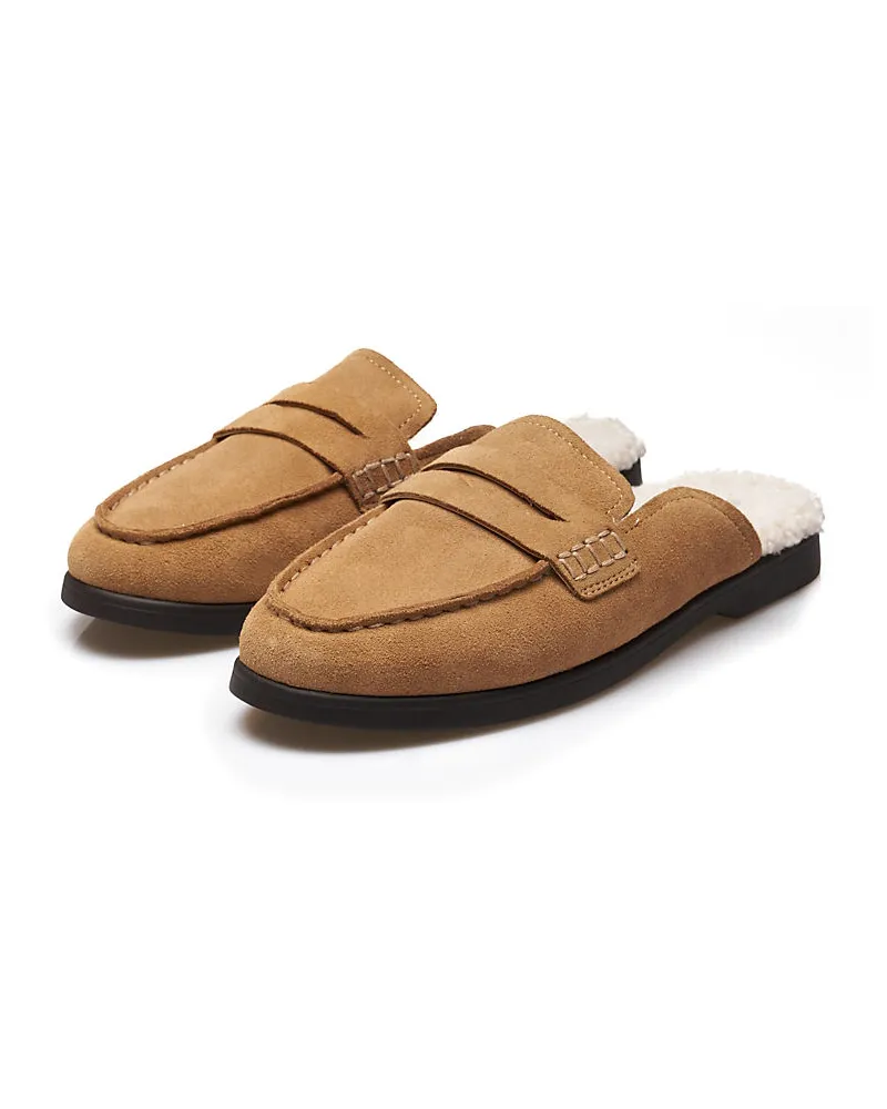 Lands' End Veloursleder-Pantoletten mit Teddyfutter, Damen, Größe regular, Braun, Rauleder, by Braun