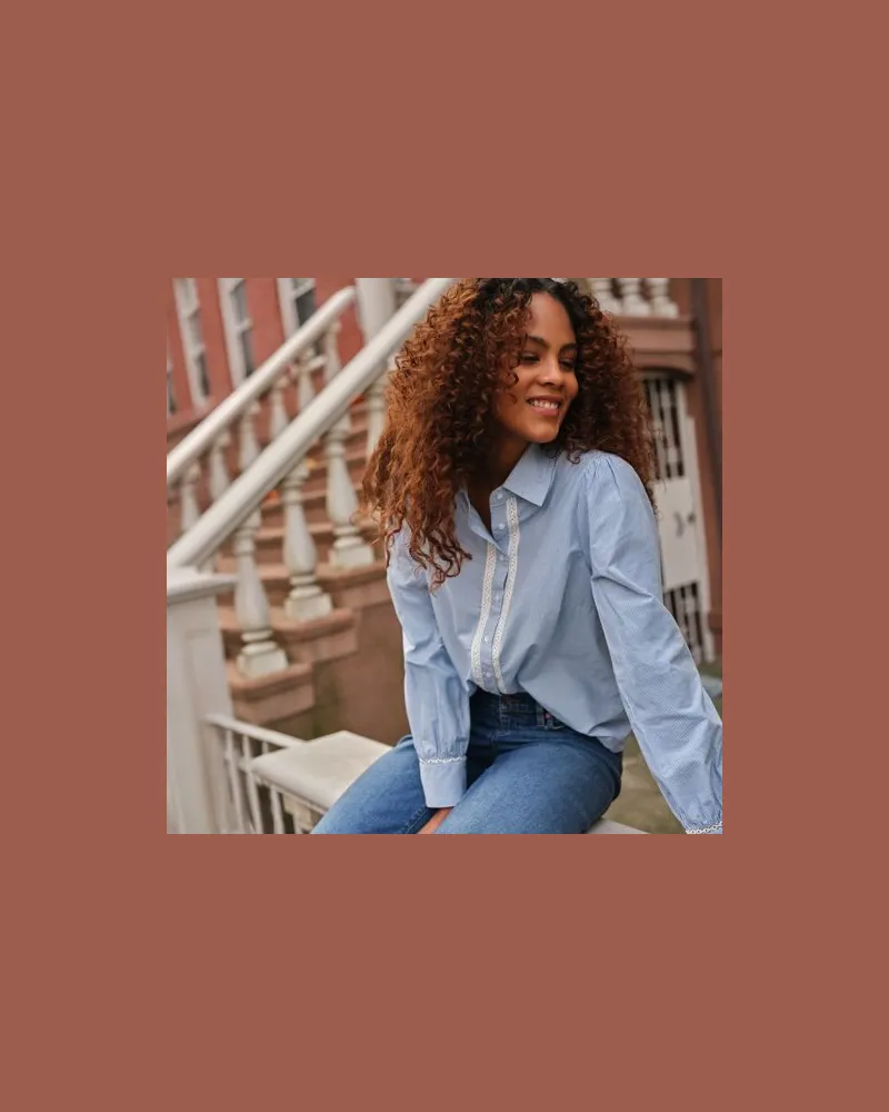 Lands' End Bluse mit Häkelborte aus Baumwolle, Damen, Größe regular, Blau, Baumwolle, by Blau