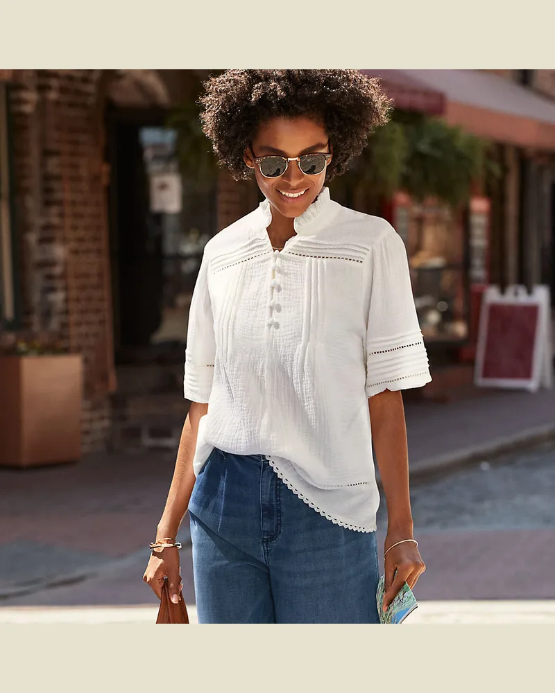 Lands' End Musselin-Bluse mit Leiterborte, Damen, GrÃ¶ÃŸe regular, WeiÃŸ, Baumwolle, by Weiãÿ