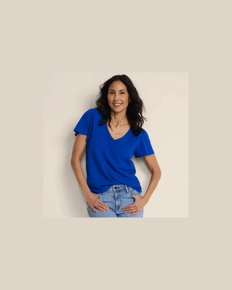 Lands' End Shirt mit kurzen Flatterärmeln und V-Ausschnitt, Damen, Größe regular, Blau, Baumwolle, by Blau