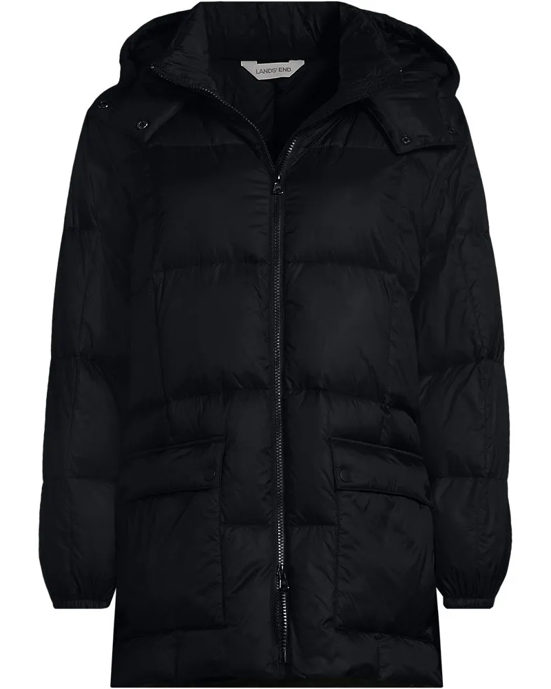 Lands' End Ultraleichte verstaubare Wanderweight Daunen-Kapuzenjacke, Damen, Größe regular, Schwarz, Nylon, by Schwarz