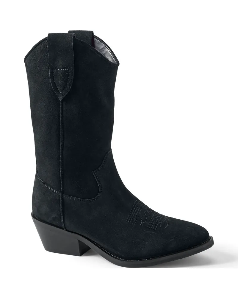 Lands' End Westernstiefel aus Veloursleder, Damen, Größe regular, Schwarz, Leder/Rauleder, by Schwarz