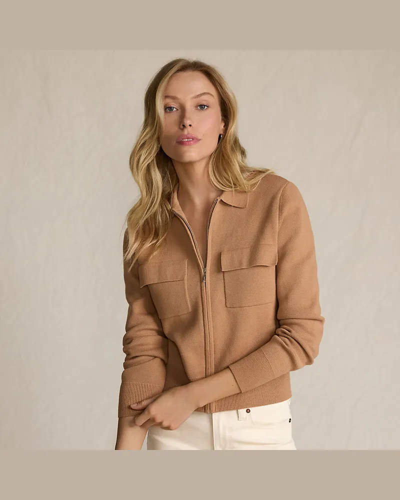 Lands' End Feinstrick-Blazer mit Reißverschluss, Damen, Größe regular, Beige, Baumwolle, by Beige