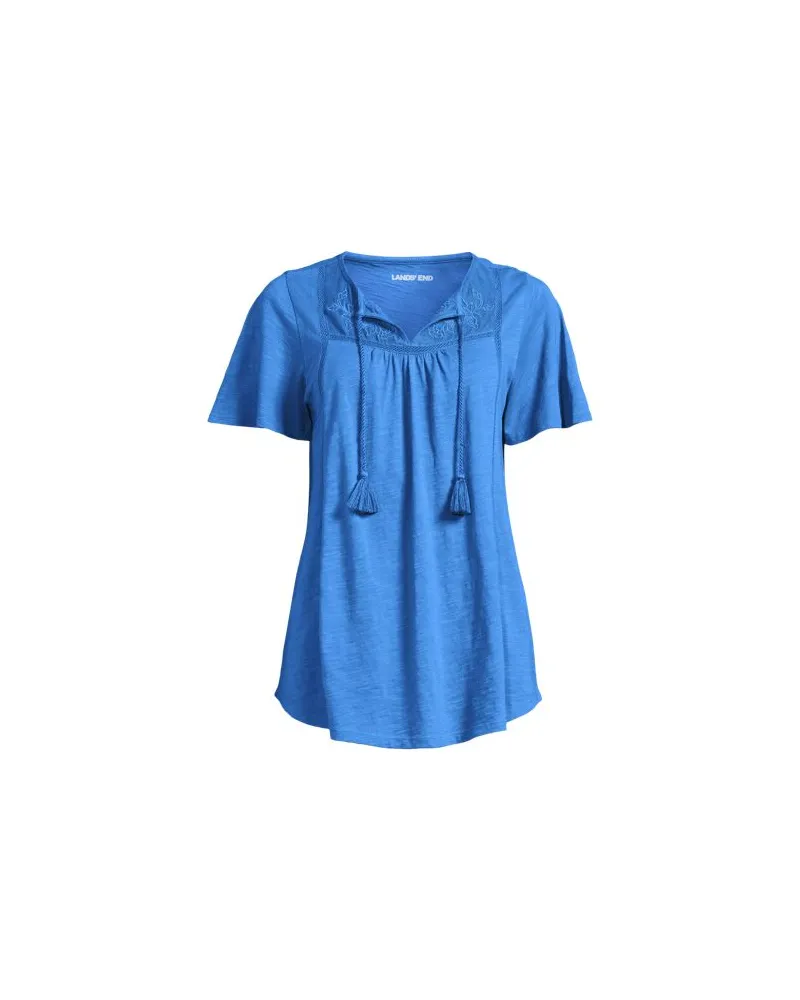 Lands' End Flammgarn-Jerseyshirt mit kurzen Flügelärmeln, Damen, Größe plus, Blau, Baumwolle, by Blau