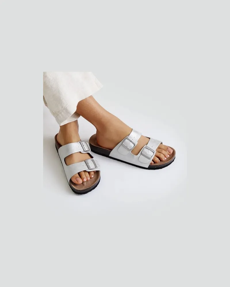 Lands' End Doppelschnallen-Pantolette, Damen, Größe regular, Grau, Synthetic-blend, by Grau